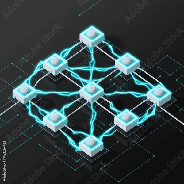 Fototapeta Isometric Network Diagram with Glowing Connections