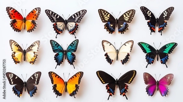 Fototapeta Twelve colorful butterflies collection beautiful insect wings nature photography up art set macro