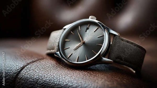 Obraz Sophisticated wristwatch showcasing elegant design on textured leather surface