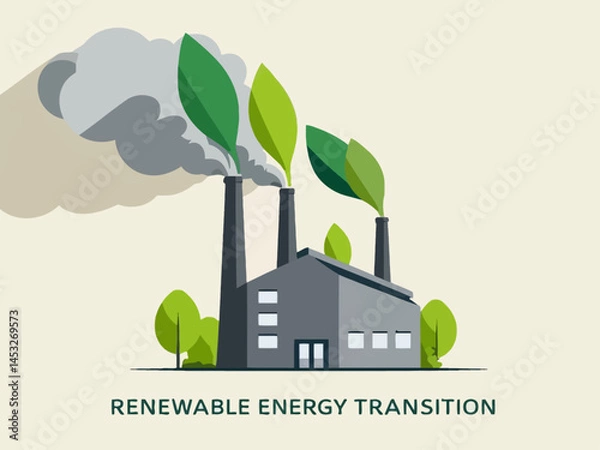 Fototapeta Illustration of a Factory with Green Leaves Symbolizing Renewable Energy