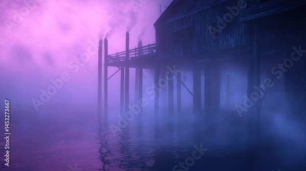 Fototapeta A mysterious wooden structure extending out above reflective water