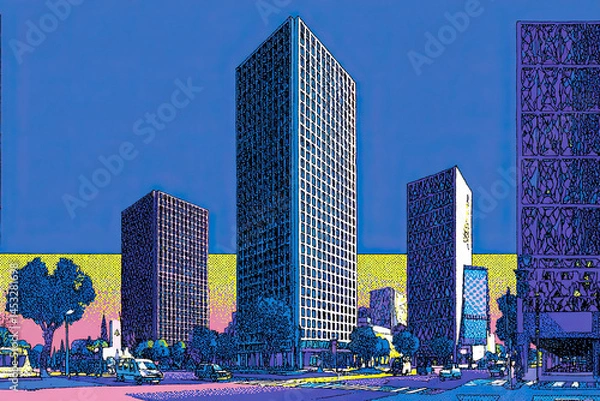 Fototapeta Group of tall buildings in cool palette with purple sky, symbolizing city development, architecture, minimal style and editorial urban storytelling.