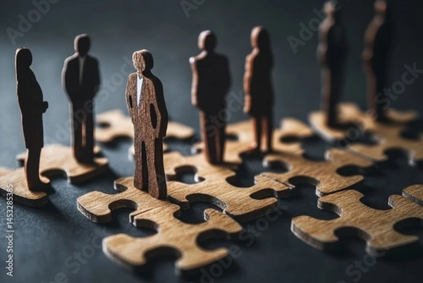 Fototapeta Wooden Puzzle Pieces Representing Business Team, One Leader Standing Out