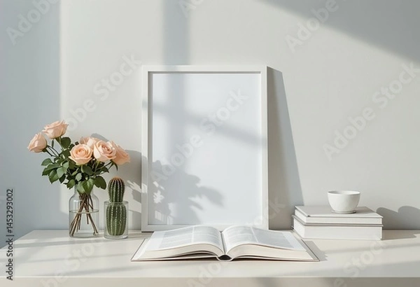 Fototapeta Clean Desk Scene with Open Book and Blank Photo Frame