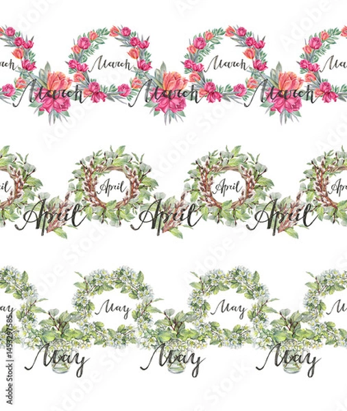 Fototapeta Watercolor set with seamless rim frame for spring calendar. Tulip and green leaves on white background. Wreath and lettering March April May. Border with flower for celebration. Wrapping or wallpaper