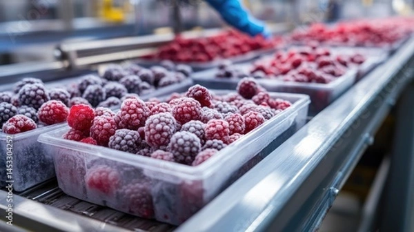 Fototapeta Frozen Raspberries and Blackberries on a Conveyor Belt