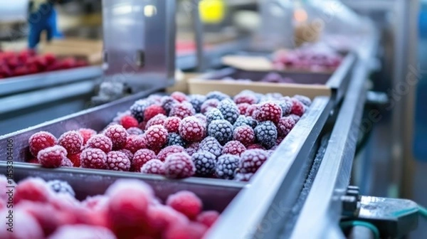 Fototapeta Frozen Berries on a Conveyor Belt in a Food Processing Facility