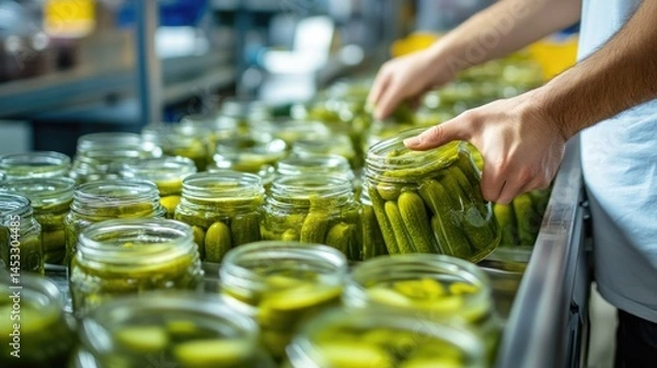 Fototapeta Close-up of a Man Filling Jars with Pickled Cucumbers
