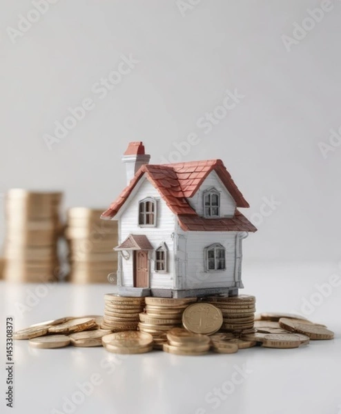Obraz Cute miniature house rests on a stack of shiny coins on white backdrop ,  loan,  credit