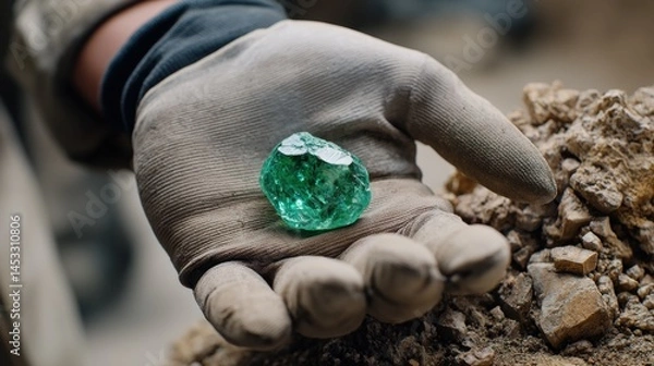Obraz Gloved hand holds a vibrant, raw green gemstone, freshly unearthed from the soil.