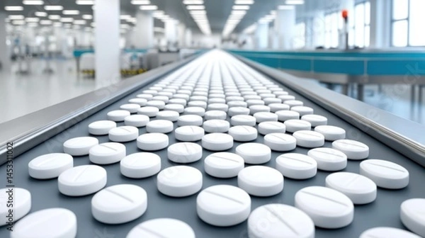 Obraz White pills on a conveyor belt, in a sterile factory setting, ready for packaging and distribution.