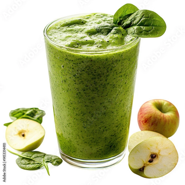 Fototapeta Healthy green smoothie recipe with spinach and apple for detox cleanse diet on transparent background