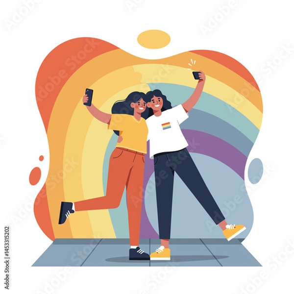 Obraz Two friends taking selfie with rainbow background celebrating pride and friendship in casual clothes vector illustration 