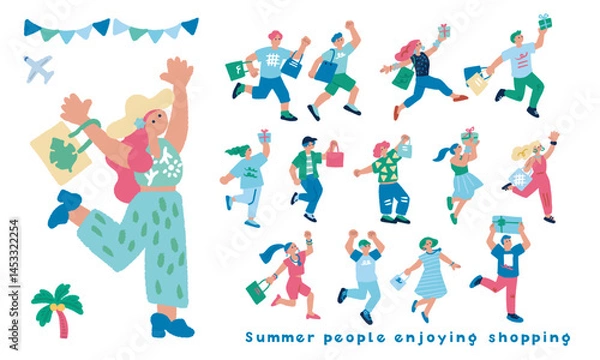 Fototapeta プレゼントやショッピングで喜ぶ人々の手書きのイラストセット
