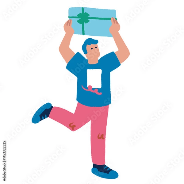 Fototapeta プレゼントを持って喜ぶ男性　カラフルでフラットな手書きのイラスト
