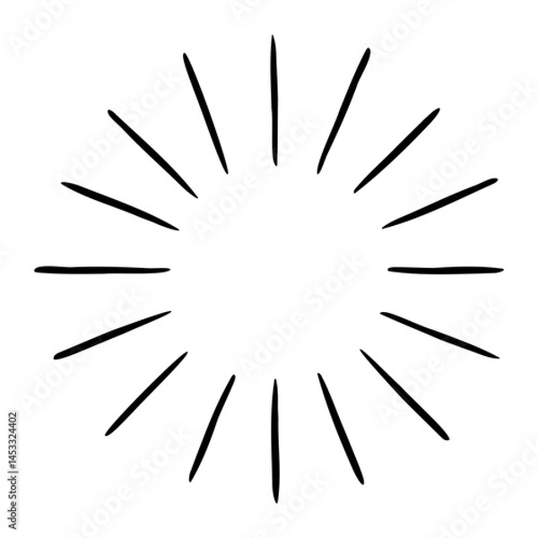 Fototapeta Vector hand drawn illustration of light rays, firework, sunburst. Vintage style element, round frame, isolated on white background.