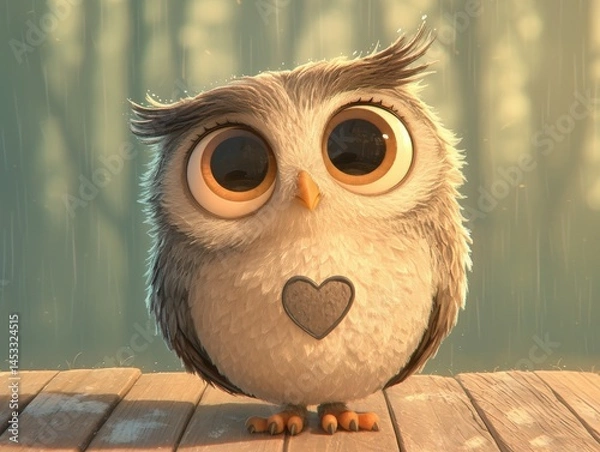 Fototapeta Animated owl with big eyes and heart on chest in whimsical setting