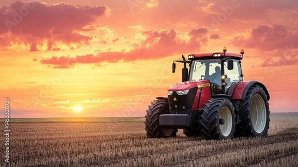 Obraz Red Tractor Plowing Field at Sunset with Dramatic Sky and Clouds