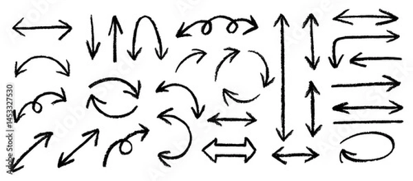 Fototapeta Black charcoal arrows strokes.Set of black double arrows on white background. Brush elements for notes and underlining in text
