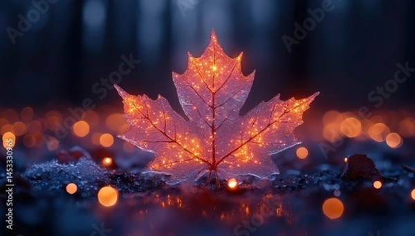 Obraz Glowing Maple Leaf with Winter Forest.
