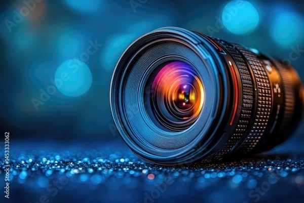 Fototapeta Camera Lens with Blue Bokeh Background.