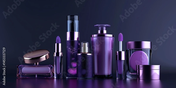Obraz Purple Cosmetic Products Including Lipsticks Creams and Perfumes on Dark Background

