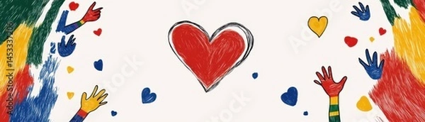 Fototapeta Colorful hands surrounding a heart symbolize love and unity in diversity.