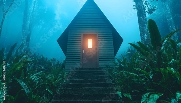 Fototapeta A small dark house sits on a stairwell nestled amongst lush dark green foliage  A soft light emanates from the doorw