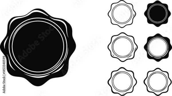 Fototapeta Vintage Style Wax Seal Stamp Illustration with Multiple Outline Variations in Black and White Vector Design 