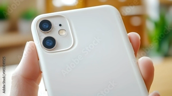 Fototapeta Close-up of a white smartphones dual-lens camera held in a persons hand  The background is blurred showing an indoo