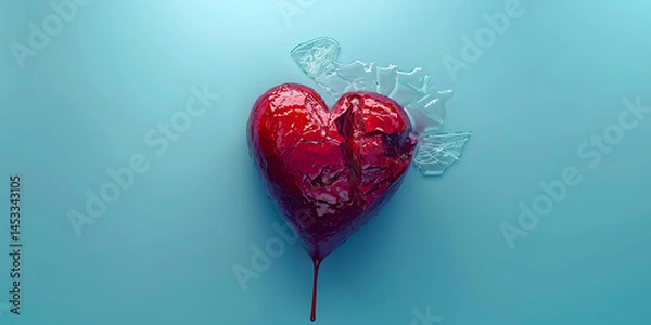 Obraz Cracked Red Heart with Dripping Effect and Shattered Glass on Soft Blue Background

