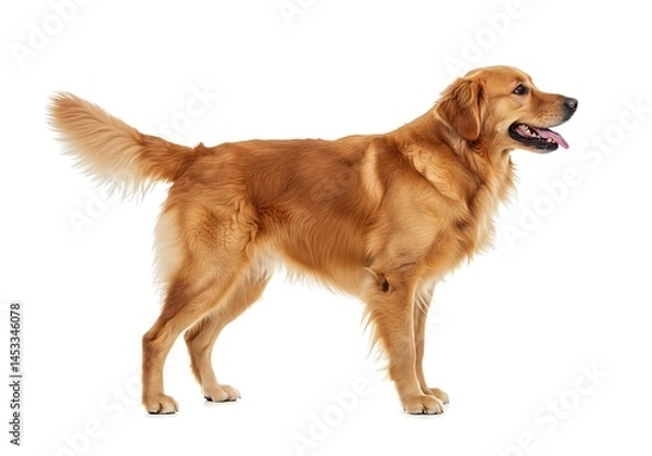 Fototapeta Golden retriever standing in profile with its tongue out on a white background in a studio shot
