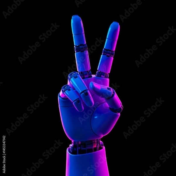 Fototapeta Neon hands, a robotic arm made of smooth, shiny metal shows a victory sign.