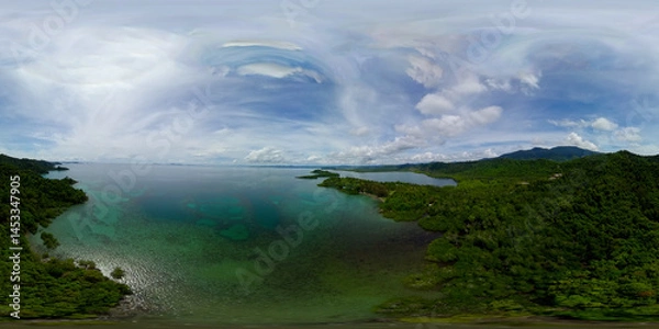 Fototapeta The coast with the jungle and the view of the islands. Borneo, Sabah, Malaysia. Virtual Reality 360.