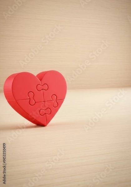 Fototapeta Red Puzzle Heart on Wooden Background: A Symbol of Love and Unity
