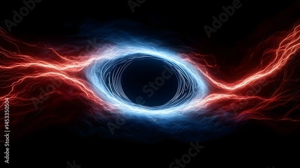 Obraz The image contains a dark background with swirling, vibrant streams of red and blue energy that converge around a central, dark circular void.