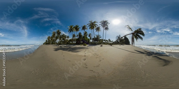 Fototapeta Sandy beach with palm trees and ocean surf with waves. Sumatra, Indonesia. 360 panorama VR.