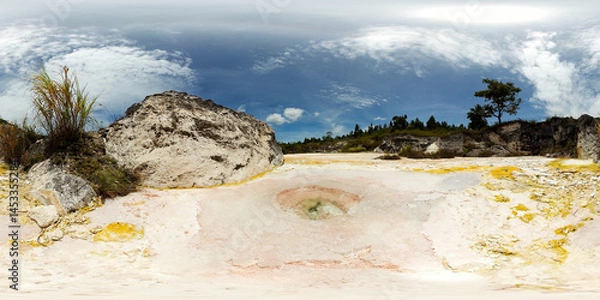 Fototapeta Volcanic geothermal springs with hot water and sulfur. Sipoholon Hot Spring, Sumatra, Indonesia. 360VR.
