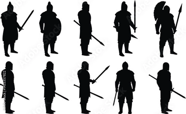Fototapeta Silhouettes of ancient warriors holding swords and spears in various battle stances vector illustration 