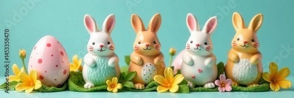 Fototapeta Group of playful ceramic bunnies nestled amongst speckled and floral decorated eggs , whimsical, springtime, rabbit