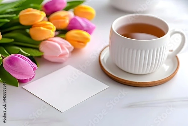 Fototapeta A cup of tea a bouquet of tulips and a blank note rest on a marble surface  Perfect for a relaxing moment