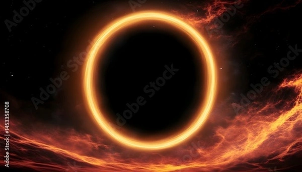Fototapeta A glowing orange ring against a backdrop of dark clouds and stars