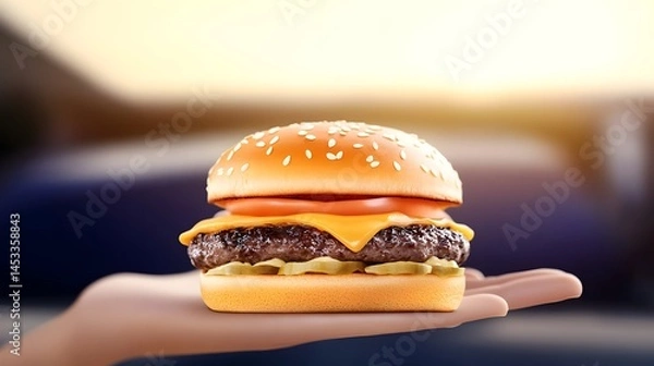 Fototapeta A juicy cheeseburger with sesame seed bun, melted cheese, tomato, pickles, and beef patty, held gently in a hand against a blurred background