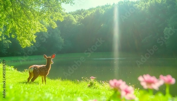 Fototapeta A spotted fawn gazes across a calm lake nestled in a vibrant green landscape under a sunlit sky Lush foliage and delic