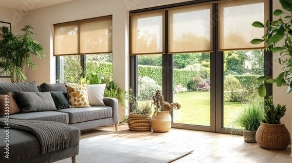 Fototapeta Modern living room with large windows and garden view, featuring neutral color scheme and natural light