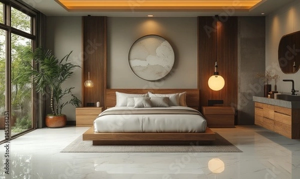 Fototapeta Modern bedroom interior design with a calming aesthetic.