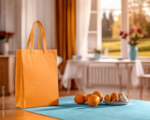 Obraz Orange tote bag sits on a teal table next to citrus fruits and garlic cloves on a white plate  A blurred background sho