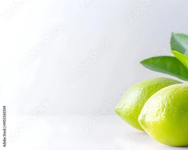 Obraz Two vibrant green limes with lush leaves against a bright white backdrop