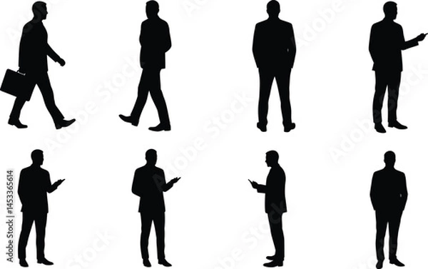 Fototapeta Businessman silhouette collection walking standing and gesturing in various poses vector illustration 