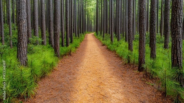 Obraz Peaceful Forest Pathway Surrounded by Tall Pine Trees and Greenery